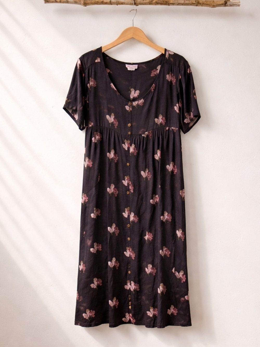 Black Midi Dress with Pink Floral Print and Button Front